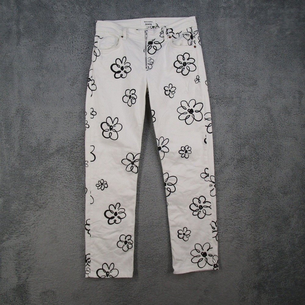 Reformation Jeans White Black Floral Doodle Print Straight Leg Pants Size 29